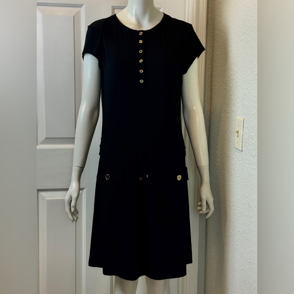 Chelsea & Theodore Rayon Blend Gold Buttons Black Casual Dress Size PXL F19